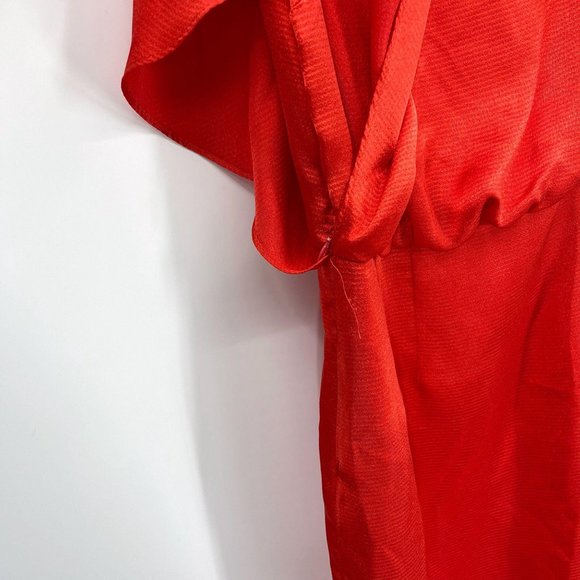 SOLD Calvin Klein Red Satin Roman Shoulder Party Dress - Picture 2 of 10